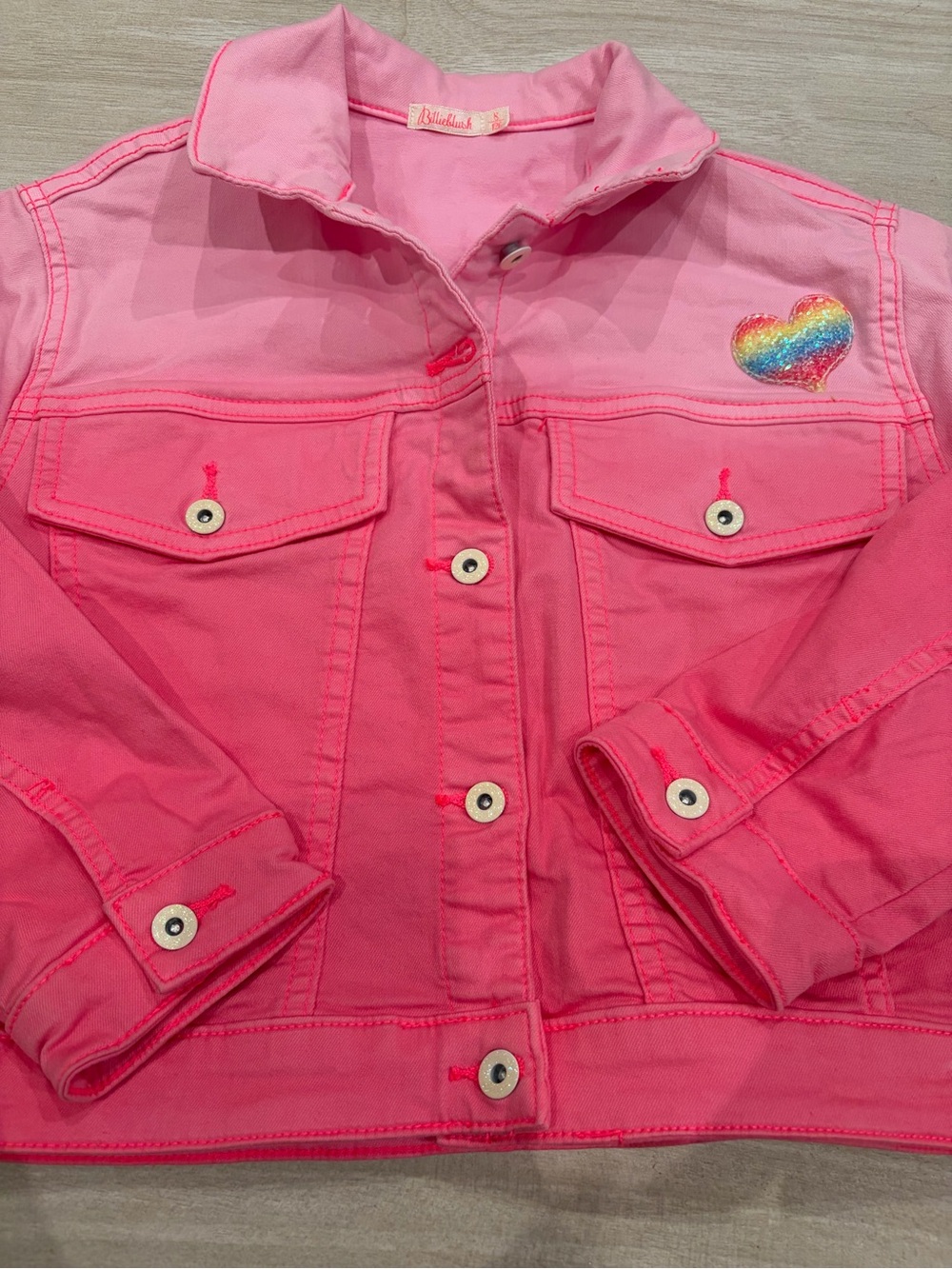 Kids Billieblush Pink Ombre Denim Jacket with Rainbow Heart Patch
